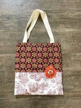 Lula Bells Tote Canvas w Red Toile Pastoral Scene & Fabric Rosette 17x18